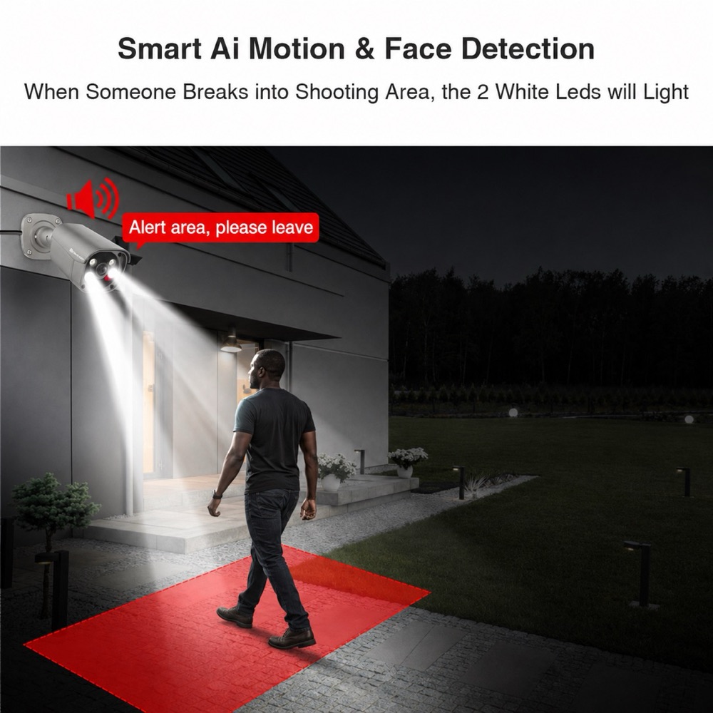 Active deterrence — the white LEDs light and warn anyone entering the danger zone