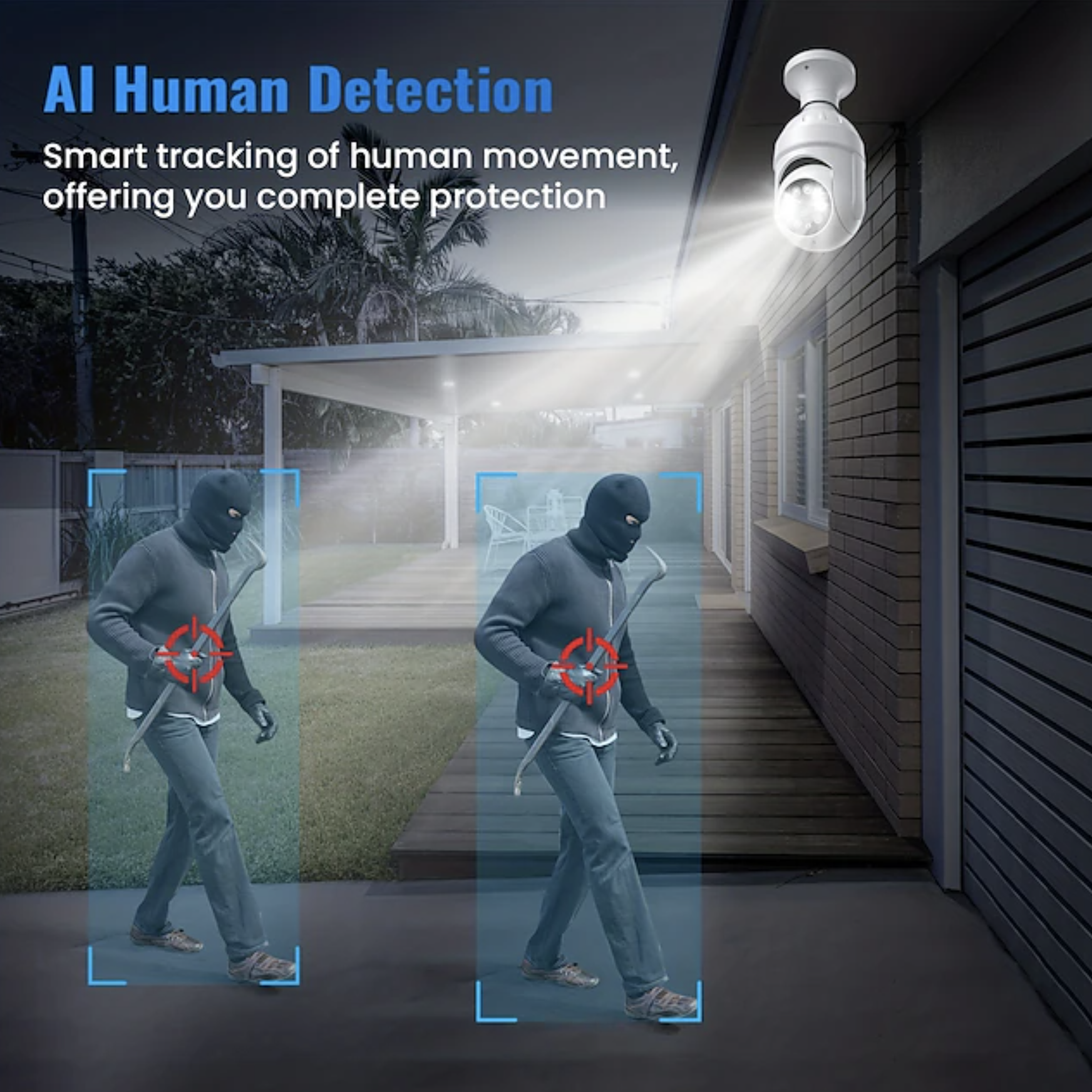AI human detection tracking two people approaching a house at night