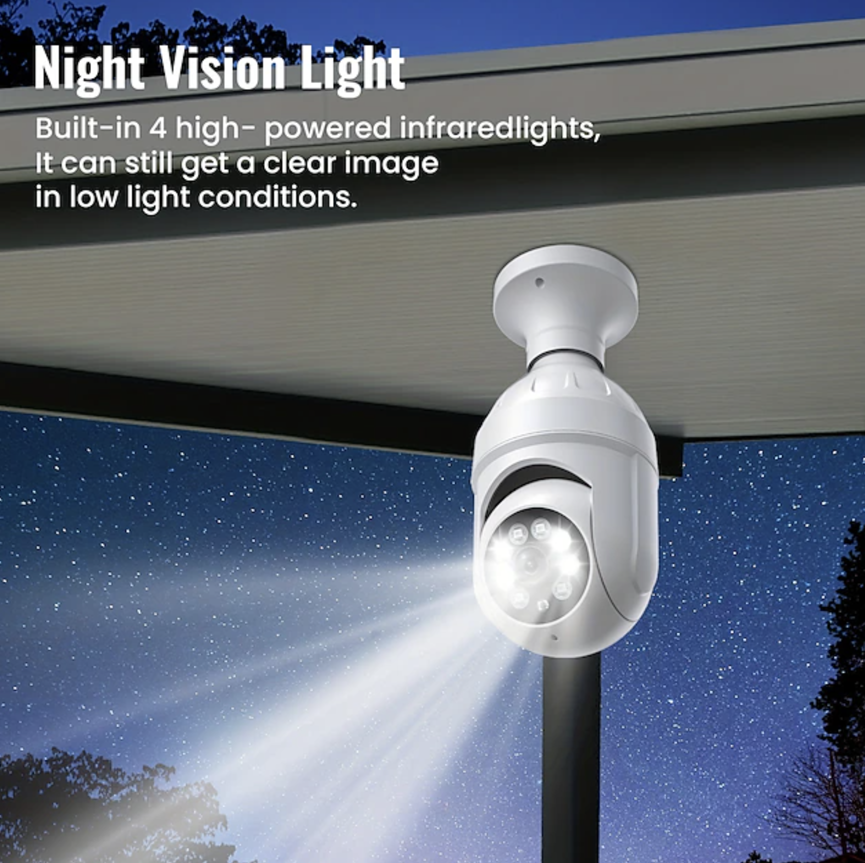 The camera's built-in light illuminating a dark yard at night