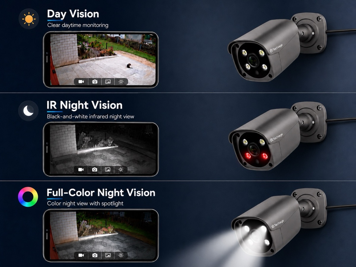 Day vision, IR night vision and full-colour night vision compared on a Nyaliko camera